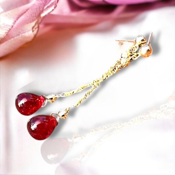 Natural Ruby Earrings Solid 14K Gold , July Birthstone , 40th Anniversary - Picture 3 of 8
